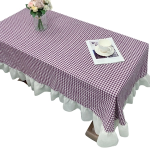 French country style purple checkered tablecloth with elegant double-layered lace edges
