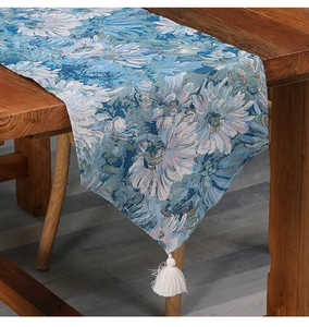 Artistic oil painting style blue flower table runner with elegant white cotton tassels