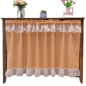 American style orange gingham cafe curtain with white lace ruffles for cabinets