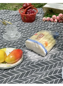 Detail of waterproof grey chevron picnic mat with outdoor dining accessories and fruit