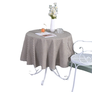 Nordic brown checkered round tablecloth in cotton linen for dining and coffee tables