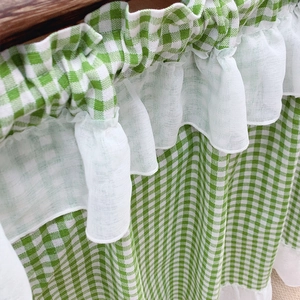 Green plaid cafe curtain with white ruffle trim made of breathable linen blend fabric