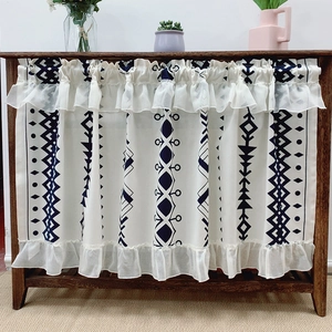 Bohemian Style Lace Coffee Curtain With Blue Geometric Print And Ruffle Edges For Kitchen Cabinet Door Small Window Decor