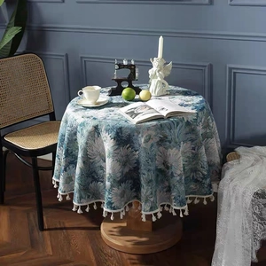 Floral round tablecloth with tassels in retro style for vintage dining room decor