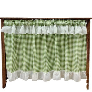 Green plaid cafe curtain with white ruffle trim and sheer linen texture for small windows