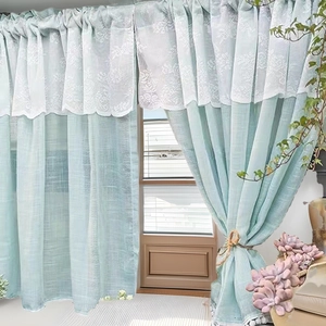 Vintage Nordic Polyester Double Layer Cafe Curtains White Lace Embroidery Pom-pom Trim Rod Pocket Short Window Curtains