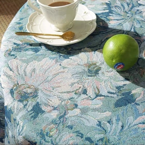 Elegant floral jacquard table runner in lake blue and teal for dining table decoration