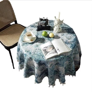 Retro dahlia patterned round tablecloth in grey-green with white tassels for dining decor