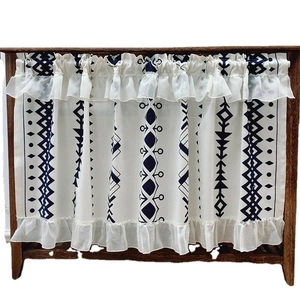 Bohemian white linen cafe curtain with black geometric stripes and double ruffle trim