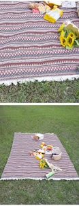 Macro detail and full outdoor view of Bohemian woven picnic mat with stylish tassels