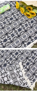 Detail showing the intricate bohemian pattern and tassel fringe of the woven picnic mat.