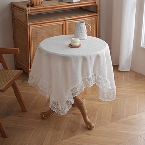 Nordic minimalist white round linen tablecloth with elegant wide lace trim for home decor