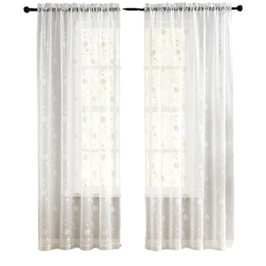 White floral embroidered sheer curtains with rod pocket design for living room