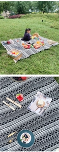 Macro detail of Bohemian ethnic pattern picnic mat in a lush green park setting