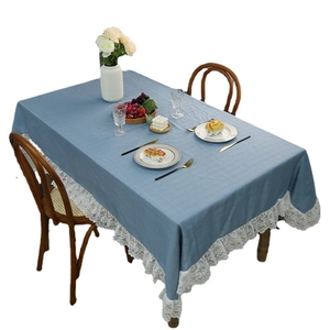 Nordic minimalist blue linen rectangular tablecloth with white lace floral trim for home