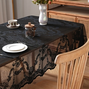 Elegant rectangular black lace tablecloth with hollow patterns for vintage dining decor