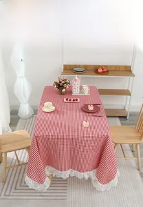 Detail showing white wide embroidery lace border on red and white checkered linen tablecloth