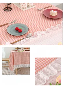 Detailed view of pink and white checkered tablecloth with delicate white lace edges