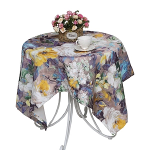 Waterproof oil painting style round tablecloth with purple and yellow floral print