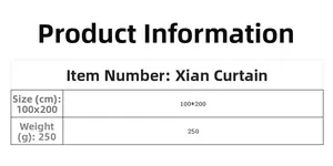 Detailed chart showing 100x200cm size and 250g weight for string fringe curtain