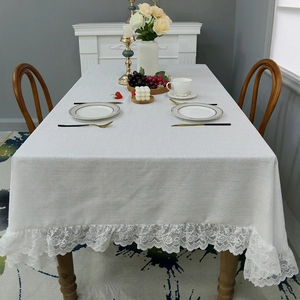 Nordic minimalist white linen tablecloth with elegant wide lace borders for dining table