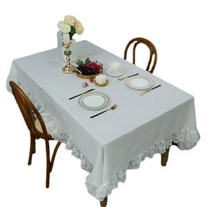 Nordic minimalist rectangle tablecloth with wide lace trim and draped fabric texture