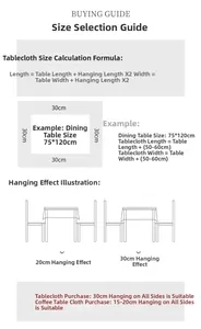 Tablecloth size guide showing measurement formulas and drop length recommendations