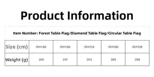 Size guide table for chenille table runners showing dimensions in cm and weight in grams