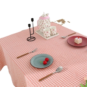Classic red and white checkered cotton linen tablecloth with elegant lace border trim