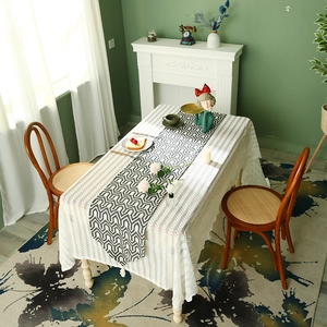 Modern black and white geometric table runner set with white lace rectangle tablecloth