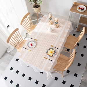Modern minimalist rectangular lace tablecloth with white floral embroidery and tassel edge