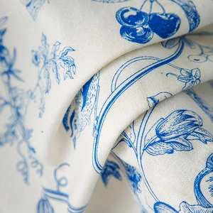 French floral cotton linen curtain with blue cherry and botanical print in rustic style