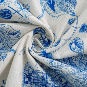 French country style cotton linen curtain with vintage blue bird and floral print patterns