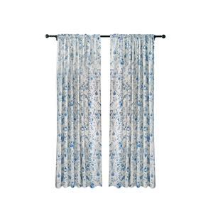 French floral cotton linen curtains with blue botanical prints and rod pocket design