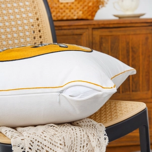 White canvas pillow cover with yellow round pattern and high-quality invisible zipper