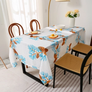 Nordic oil-proof rectangular tablecloth featuring blue pine branches and pinecone patterns