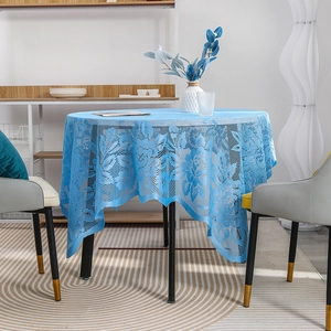 Modern sky blue lace tablecloth with hollow floral pattern for round dining tables