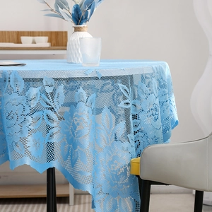Sky blue floral lace tablecloth with elegant scalloped edges and hollow-out knit design