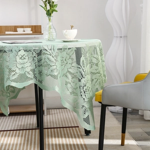 Pale green hollow lace round tablecloth with large rose floral jacquard pattern