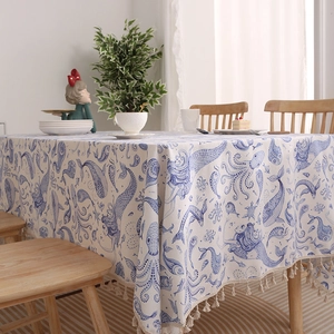 Nordic cotton linen rectangular tablecloth with blue ocean marine life and beige tassels