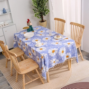 Lilac cotton linen tablecloth with white daisy pattern and decorative fringe borders