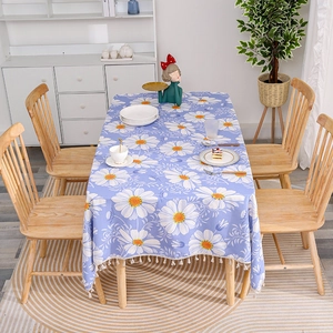 Nordic cotton linen rectangular tablecloth with white daisy patterns and fringe tassels
