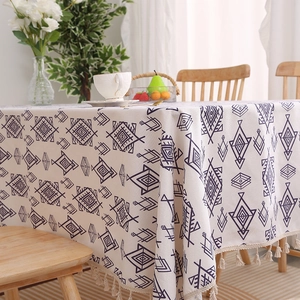 Bohemian geometric pattern linen tablecloth with decorative fringe tassels for dining tables