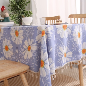 Nordic cotton linen tablecloth with white daisy pattern and elegant beige tassels