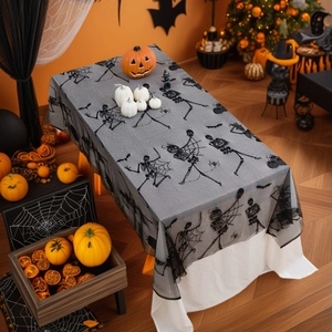Halloween black lace tablecloth with dancing skeletons and cobwebs for spooky table decor