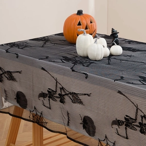 Halloween black lace tablecloth with skeleton and spider web for spooky table decor