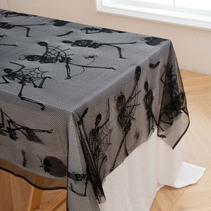 Halloween black lace tablecloth with skeleton, spider web and bat patterns for holiday decor