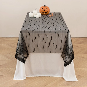 Halloween black lace tablecloth featuring bat patterns and dead tree edge design for party decor