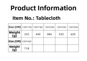 Size chart showing linen tablecloth dimensions from 135x135cm to 135x300cm and weights
