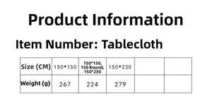 Detailed size chart for vintage crochet tablecloth showing dimensions and weight metrics
